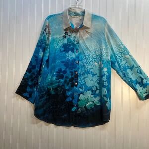 Soft Surroundings Jolene Womens Blue Floral Ombre 100% Silk Blouse Large Spring